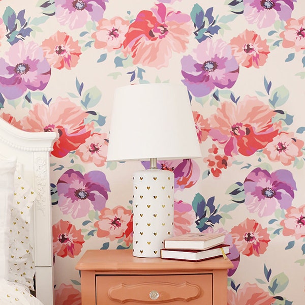 Papel pintado floral rosa desprendible: botánico vintage despegable y adhesivo