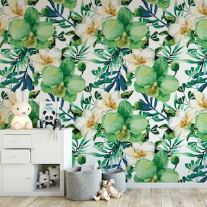 Green Floral Watercolor Removable Wallpaper: Tropical Botanical Peel & Stick