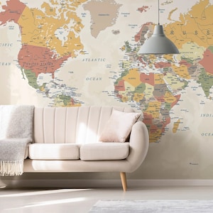Vintage kaartbehang | Kaartmuur | Kaart Muurschildering | Atlas-achtergrond | Wereldkaart Accentmuur | Grote kaart muur sticker | Verwijderbaar kaartbehang