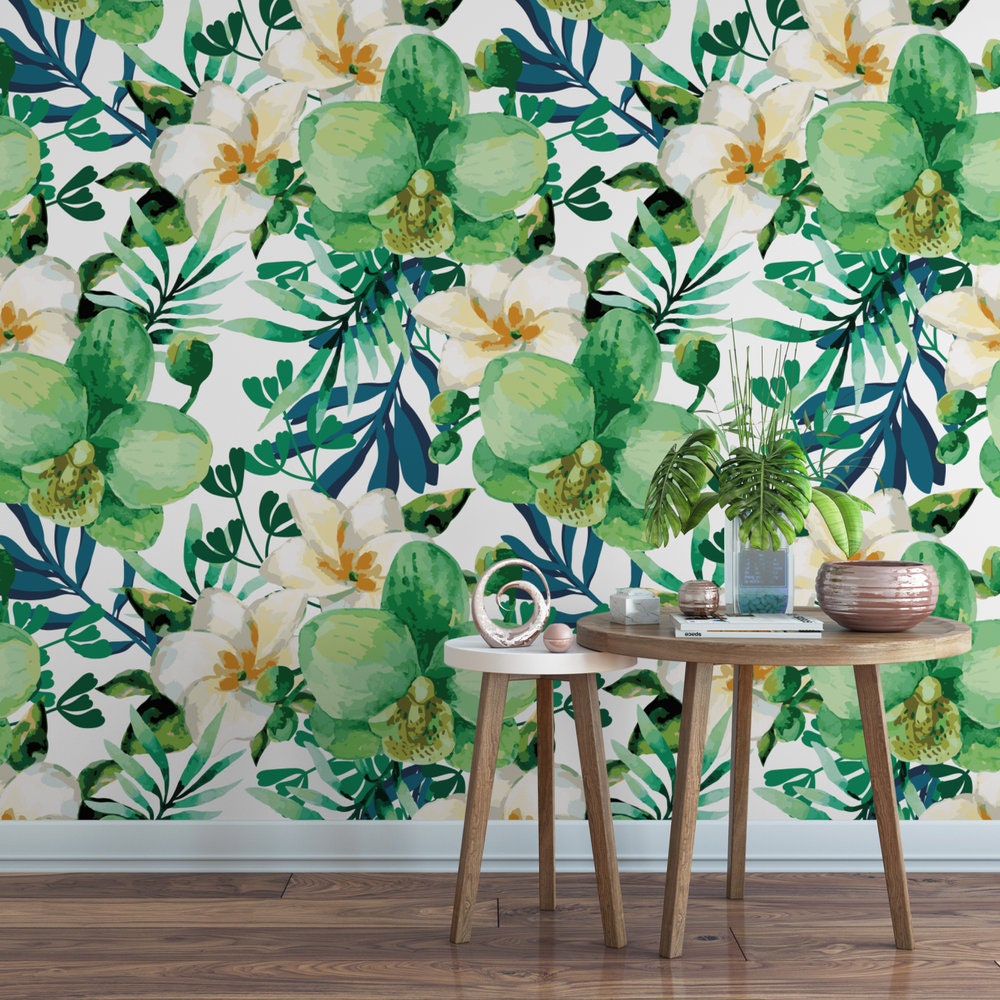 Watercolor Green Floral Removable Wallpaper / Tropical Etsy
