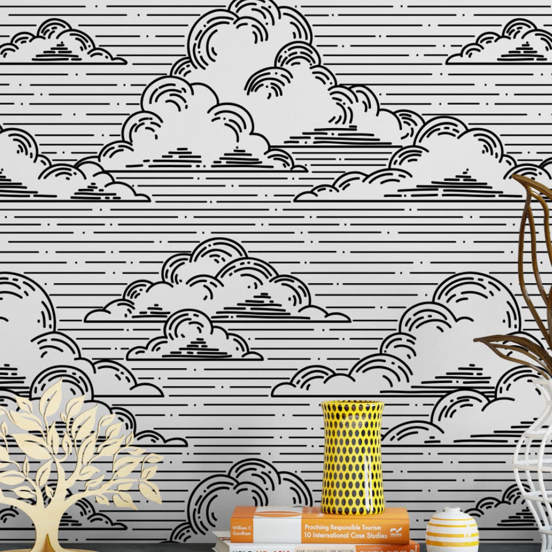Black & White Line Drawing JAPANESE CLOUDS Vivid WALLPAPER