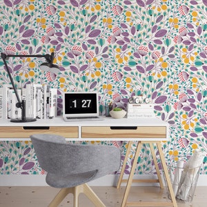 Illustrated Floral Removable Wallpaper  / tropical wallpaper / botanical self adhesive / floral wallpaper B138-27