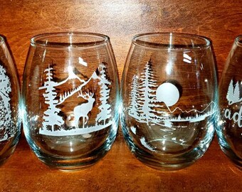 Optional 2nd Side Personalization Winter Cabin Wine Glasses Set of 2