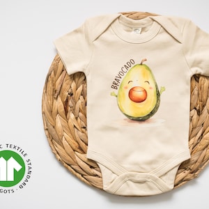 GOTS Organic Baby Bodysuit, Bravocado Infant One Piece, Avocado Baby Clothing, Fruit, Natural Newborn, Sustainable Kids, Colored Organics