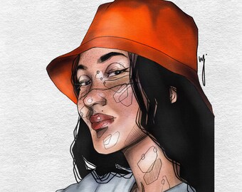 001, girl with bucket hat,line art,minialistic art, portrait art, art print, fashion illustration, fashion decor, female artist