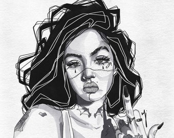 002,girl with the finger,tattoo art,line work portrait art, art print, fashion illustration, fashion decor, female artist