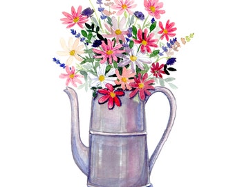 Summer bouquet in its teapot - Original watercolor - A5 format
