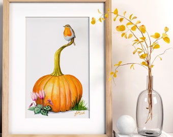 Robin and the pumpkin - Original watercolor - Format 18/24cm