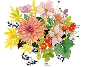 Autumn Flowers - Original watercolor on round handmade paper - 30 cm format