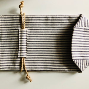 Bread Loaf Bag, Navy Ticking Stripes, Lined, Square Bottom, Washable, Reusable
