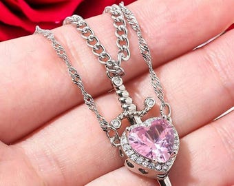 Heart and Sword Necklace, Couple Necklaces, 2 Pieces, Silver-Plated, Romantic Gift for Him and Her, Unique Couple’s Jewelry, Pink Gemstone