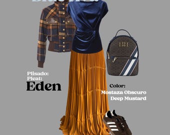May include: An ensemble featuring a navy blue velvet top, a mustard yellow pleated skirt, a plaid jacket, a backpack, and brown sneakers with white stripes. The text "Blue Ava" and "Eden" are visible.