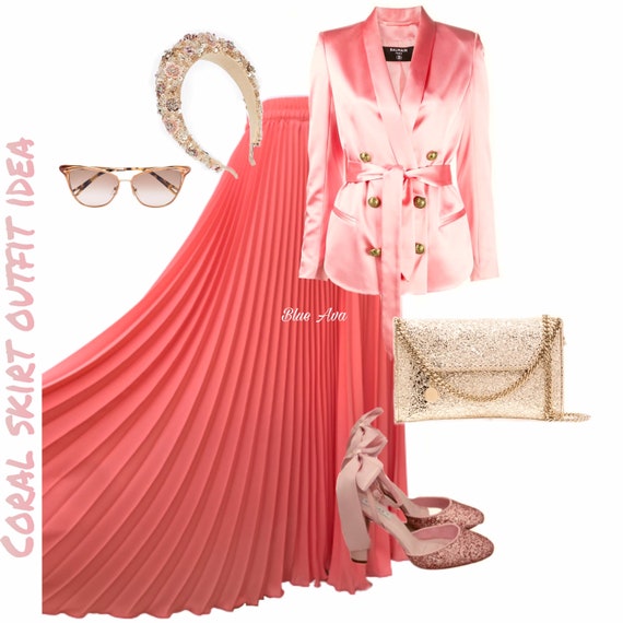 Coral Woman s Pleated Maxi Skirt Sun Burst Falda Abanico Wedding Skirt Falda larga de Boda Chiffon formal skirt Midi skirt Modest