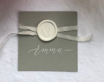 Wedding Place Cards/Escort Cards Grey or White cards with elegant calligraphy and wax seal