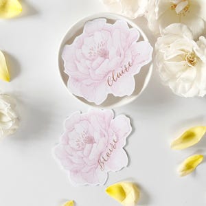 Pastelkleurige pioenroos plaatskaarten, gepersonaliseerde feestkaartjes, plaatskaartjes bruiloft, plaatskaartjes vrijgezellenfeest, mooie bloem plaatskaartjes