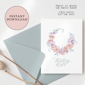 Carte imprimable en pensant à vous | Dans la carte de sympathie | Get Well Card | Carte florale | Couronne d'aquarelle | Téléchargement instantané| Cartes imprimables