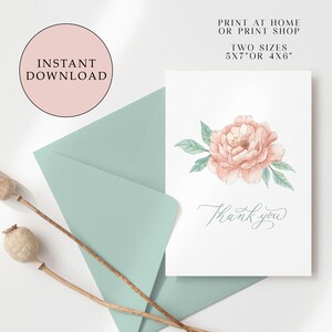 Instant Download | Peony Thank You Card | Printable Thank You Card | Digital Download | Floral Thank You Card | Thank you | Watercolor Peony
