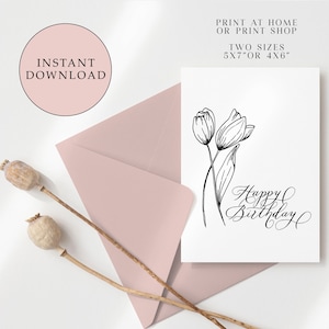 Sofort Download Tulpe Geburtstagskarte| Druckbare Geburtstagskarte | Digitaler Download | Florale Geburtstagskarte | Minimale Blume | Strichzeichnung|
