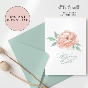 Carte Imprimable Penser à vous | Dans la carte de sympathie | Obtenez une carte de bonne santé | Carte florale | Pivoine aquarelle | Téléchargement instantané| Cartes imprimables