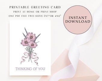 Printable Cosmos Thinking of You Card, In Sympathy Card, Get Well Card, Lavender Card, Calligraphy, Instant Download, Flower Greeting Card