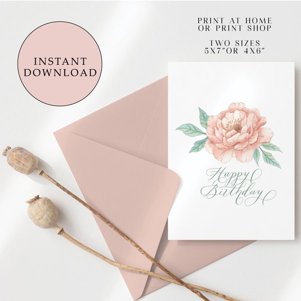 Printable Peony Birthday Card, Printable Birthday Card, Digital Download, Flower Birthday Card, Peony Illustration, Print at Home Card, Pink