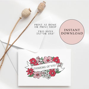 Carte imprimable en pensant à vous, carte de sympathie, carte de bien-être, carte florale, calligraphie moderne, téléchargement immédiat, cartes imprimables, pour elle