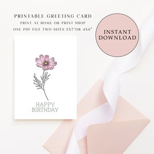 Cartão de aniversário rosa Cosmos para impressão, cartão comemorativo, download instantâneo, cartão de aniversário, flor em tinta e aquarela, feliz aniversário, jardim de casa de campo