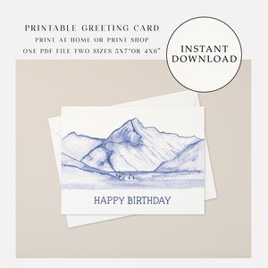 Cartão de feliz aniversário para impressão de montanha, cartão de felicitações para impressão, cartão de feliz aniversário, cartões de aniversário para impressão, download instantâneo, ao ar livre