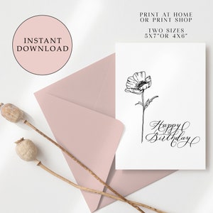 Sofortiger Download Mohn Geburtstagskarte | Druckbare Geburtstagskarte | Digitaler Download | Florale Geburtstagskarte | Minimale Blume | Strichzeichnung|