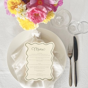 Menu z kaligrafią Squiggle Wave, Dekoracje stołów weselnych, Kolorowe menu weselne, Fantazyjne menu stołów, Nowoczesne karty menu, Falista krawędź obramowania
