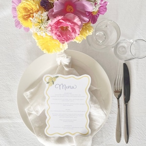 Menu z kaligrafią Lemon Squiggle Wave, Dekoracje stołów weselnych, Menu weselne, Fantazyjne menu stołów, Karty menu śródziemnomorskiego, Falista krawędź obramowania