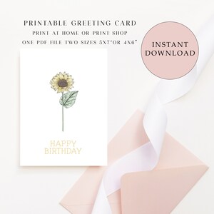 Cartão de aniversário de girassol para impressão, cartão de felicitações, cartão para download, cartão de aniversário alegre, cartão de aniversário digital, cartão de flores, impressão em casa