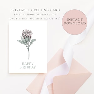 Tarjeta de feliz cumpleaños imprimible con Protea, tarjeta de felicitación, tarjeta descargable, tarjeta de cumpleaños digital, tarjeta de flores, tarjeta impresa en casa, tarjeta linda