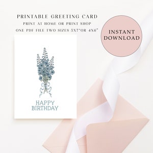 Cartão de aniversário para impressão com Delphinium Posy, cartão de felicitações, cartão para download, cartão de aniversário digital, cartão de flores, impressão em casa, cartão fofo
