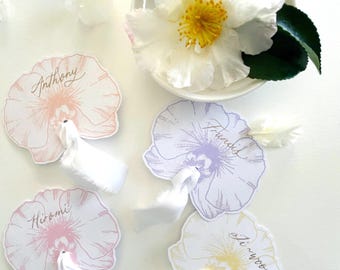 Personalized Orchid Place Cards with ribbon: Pastel Flower Garden Wedding Decor, Gold calligraphy