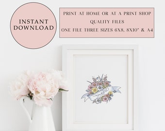 May include: A printable art print featuring a floral bouquet and a banner that reads "grateful". The print is framed in a white frame and is displayed on a white surface with a vase of pink peonies.