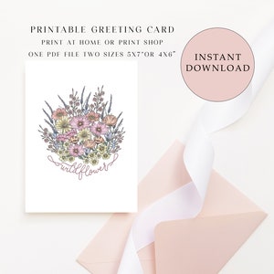 Tarjeta de felicitación en blanco imprimible con flores silvestres, tarjeta de flores impresa en casa, tarjetas de felicitación imprimibles, tarjetas para todas las ocasiones, descarga digital