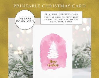 Printable Pink Merry Christmas Card, Pink Christmas Tree Card,Downloadable Pink Christmas Card, Digital Card, Greeting Cards, Gold Xmas Card