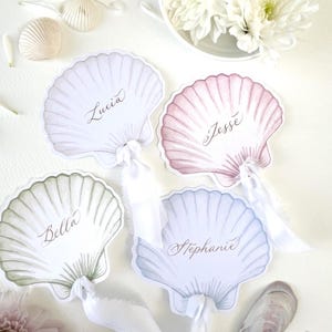 Personalized Scallop Shell Place Cards: Calligraphy, Coastal Wedding Decor