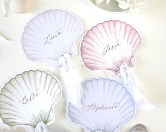 Personalized Scallop Shell Place Cards: Calligraphy, Coastal Wedding Decor