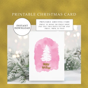 Biglietto di buone feste stampabile con albero rosa, biglietto di Natale rosa, biglietto di auguri scaricabile, biglietto digitale, biglietti d'auguri, biglietto di Natale in oro rosa