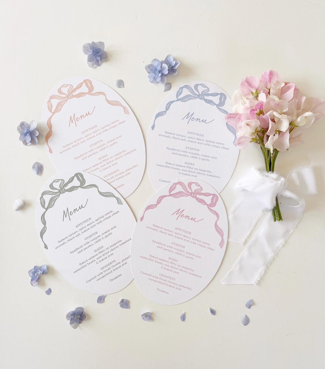 Oval Ribbon Bow Wedding Menus: Pastel Calligraphy - Etsy