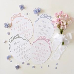 Cardápios de laço de fita oval, Cardápios de casamento, Cardápios de casamento em tons pastéis, Cardápios de despedida de solteira, Cardápios de chá de bebê, Cardápio de fita fofa, Cardápios de festa infantil