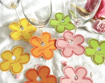 Squiggle Floral Wine Glass Name Cards: Personalized Flower Wedding Place Cards for Wine Glass Stems