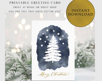 Snowy Christmas Card: Starry Night Tree (Digital Download)