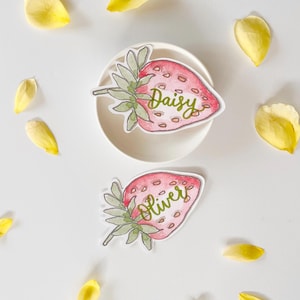 Plaatskaarten aardbei, gepersonaliseerde feestkaartjes, plaatskaartjes fruit, plaatskaartjes vrijgezellenfeest, plaatskaartjes zomerfruit, leuke naamkaartjes, leuke naamkaartjes