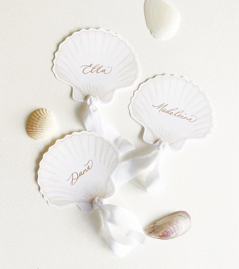 Personalized Scallop Shell Place Cards With Ribbon: Calligraphy ...