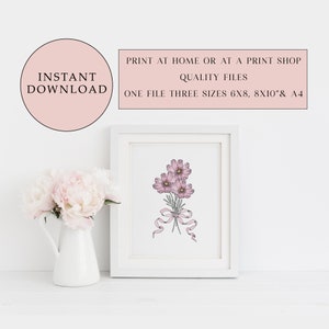 Printable Cosmos Posy Print, Watercolour Art Print, Ink Flower Print, Instant Digital Download, Digital Wall Art, Wall Décor, Cosmos Flower