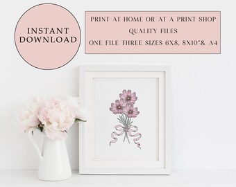 May include: Printable digital download of a pink flower bouquet with a pink ribbon. The image is framed and displayed on a white shelf. The text "PRINT AT HOME OR AT A PRINT SHOP QUALITY FILES ONE FILE THREE SIZES 6X8, 8X10"& A4" is displayed above the frame.