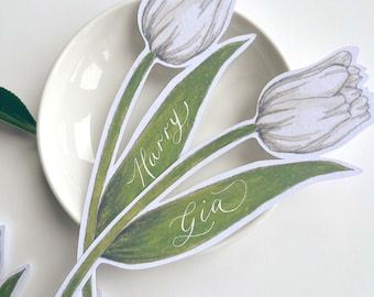 Personalised White Tulip Flower Place Cards: Wedding and Party Name Tags